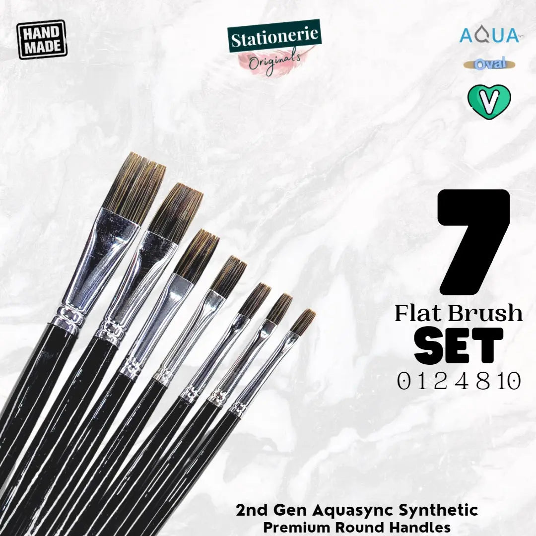Stationerie Handmade Flat Signature Synthetic Brush Set 7 (Aquasync Bristle & Round Handles) Coal Edition Lite Stationerie